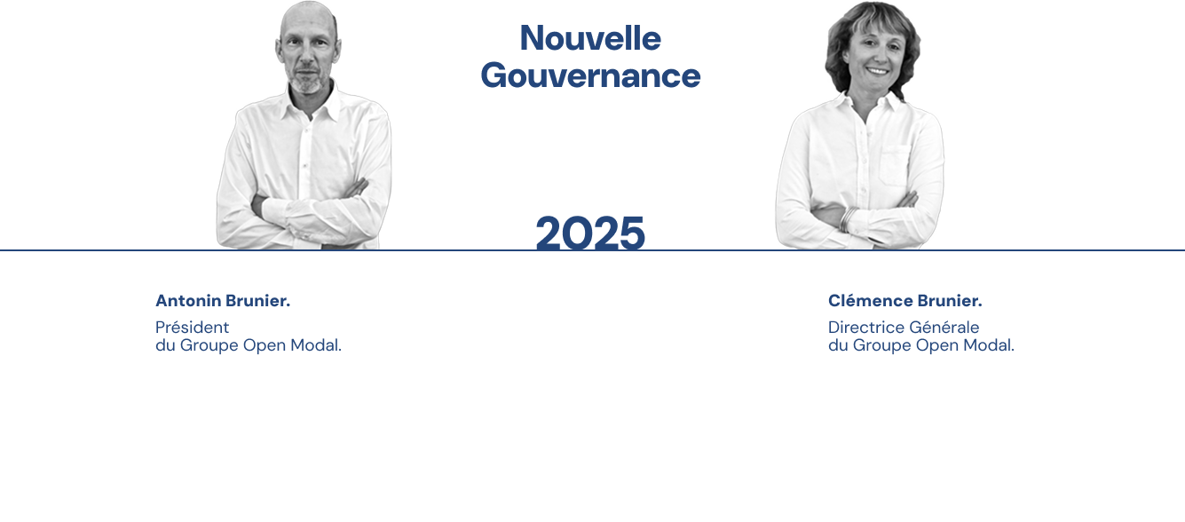 2025 – Nouvelle Gouvernance Antonin Brunier est Président et Clémence Brunier est Directrice Générale du groupe Open Modal.